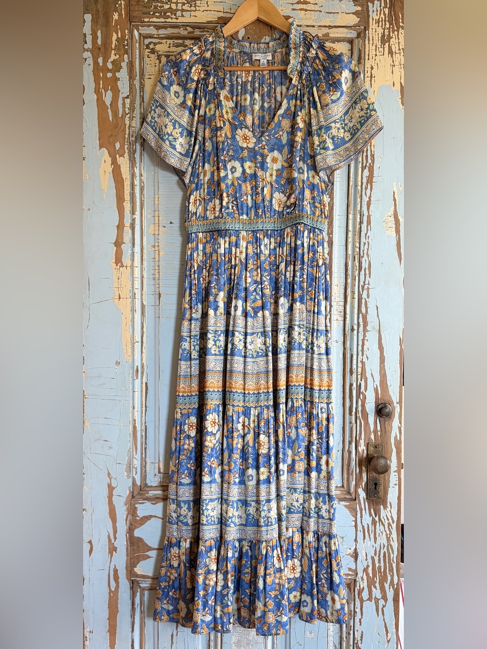 Current Air Blue and Gold Floral Maxi Dress